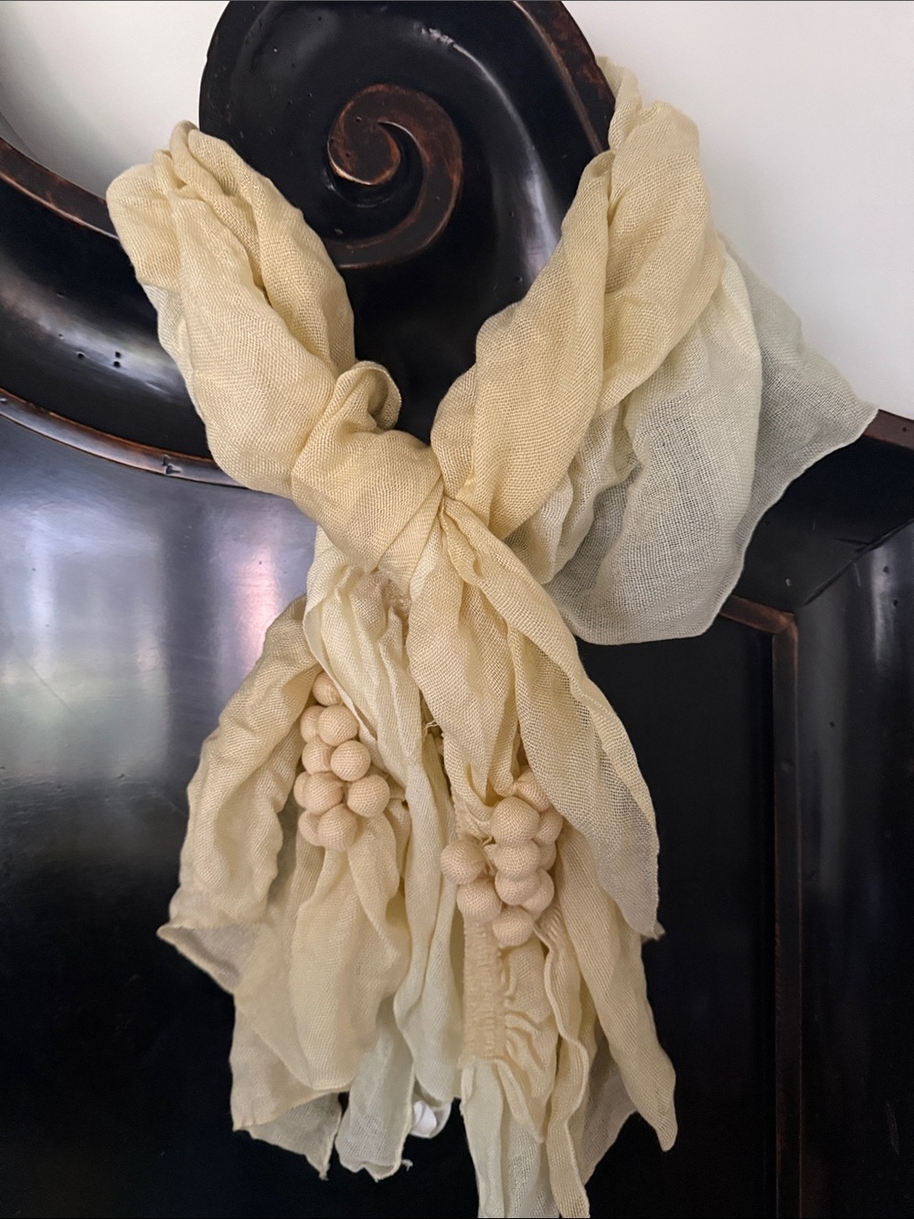 Anthropologie linen Light Cream Scarf with Beaded Tassels